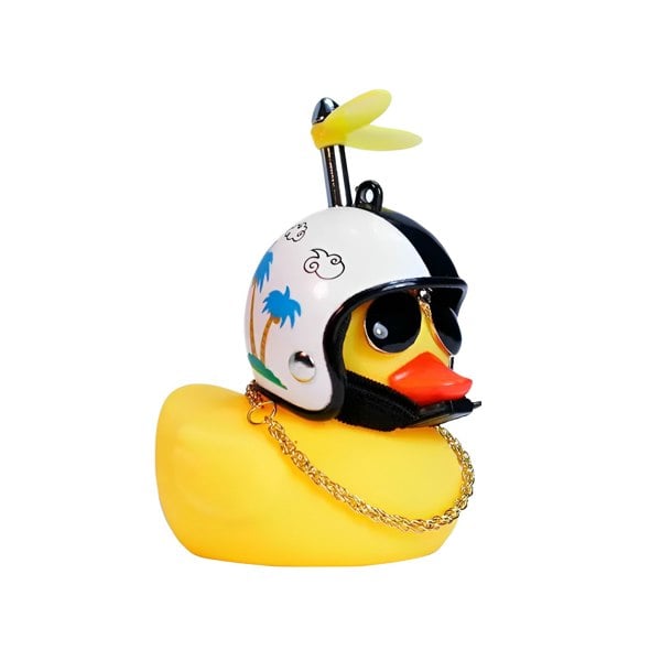 anycoplus Anypack Car Ornaments Rubber Yellow Duck for Car Dashboard Decorations Cool Glasses Duck with Coconut Tree Propeller Helmet Gold Chain