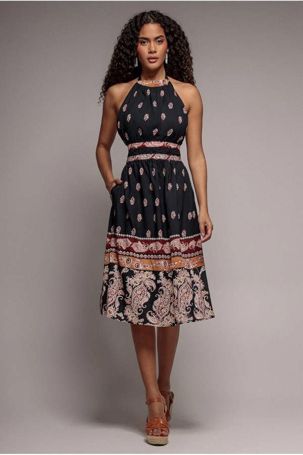 Halter Neck Printed Midi Dress - Black DR3557
