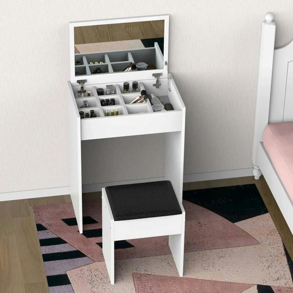 White vanity dressing table with open mirror and divided storage compartments, plus padded stool