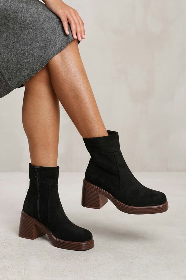 Where's That From Nyra Ankle Boot With Side Zip and Chunky Heel in Black Suede