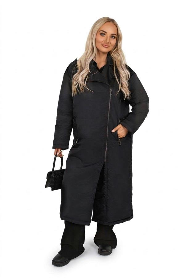 Yvette Longline Padded Coat With Side Pockets - Black_wb