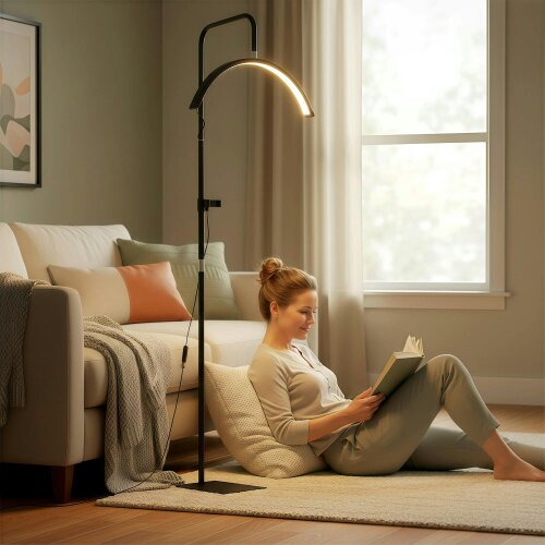 Wyld Haus Elma Metal Black Half Moon Beauty Floor Lamp With Rotating Head Colour Control And Phone Holder