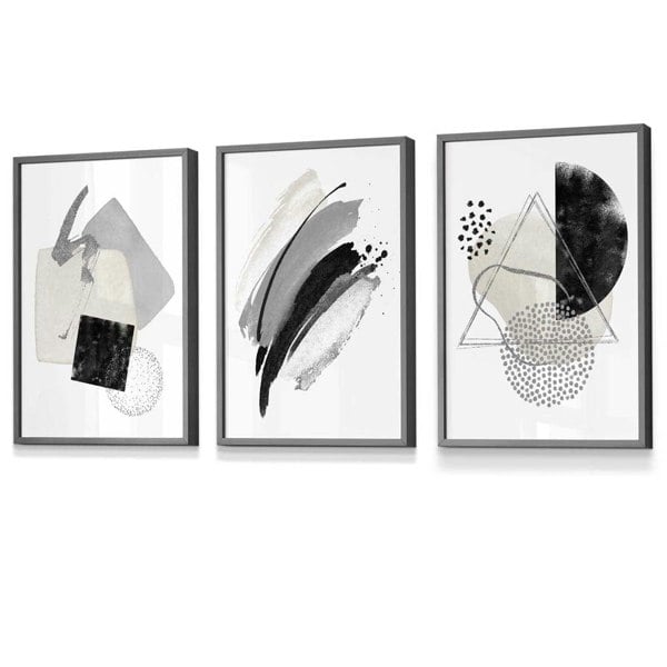 Abstract Grey Black and Silver Set of 3 Framed Wall Art Prints | Artze Wall Art UK