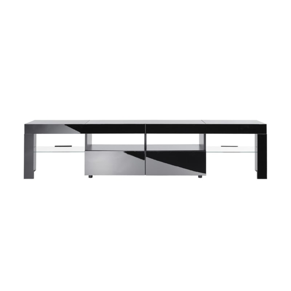 MMT Furniture Designs Modern Black 200cm Matt Gloss TV Stand Cabinet Suitable for 55 - 80 Inch 4K LED Flat Screen TV's Glass Shelves