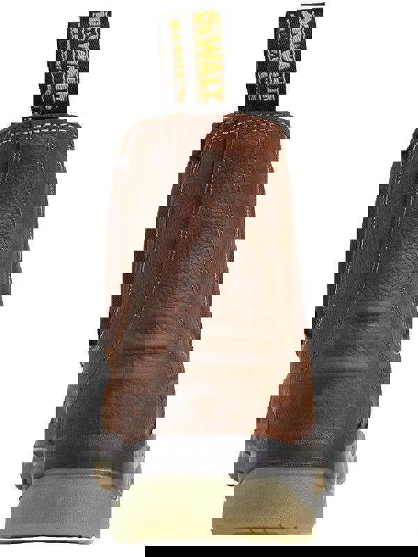 DeWalt Nitrogen Mens S3 Dealer Pull On Ankle Steel Toe Boots, front view of the brown leather work boot showing the pull tab and safety toe.