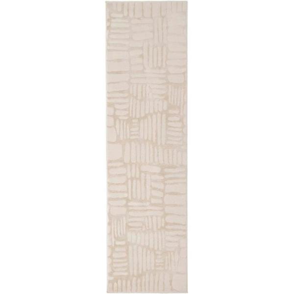 Beige runner rug with geometric pattern on a white background