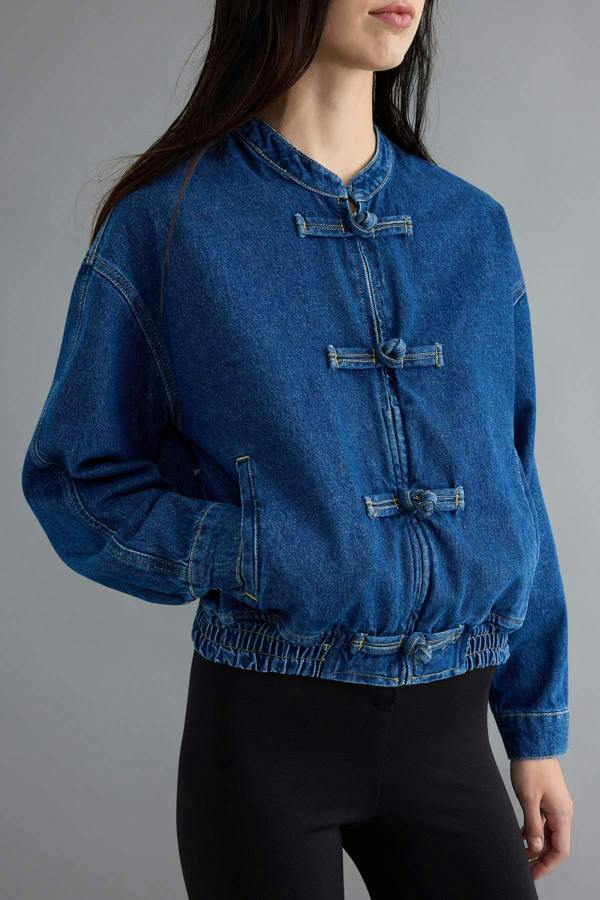 Button Detail Elasticated Waist Denim Jacket