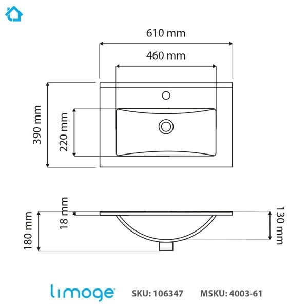 Limoge 4003 Ceramic 61cm Thin-Edge Inset Basin with Deep Scoop