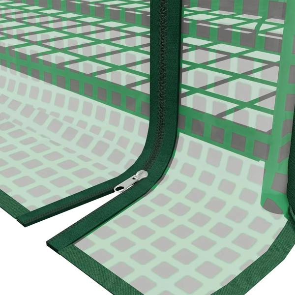 Green greenhouse base mat with corner fastener holes and stitched plastic edge
