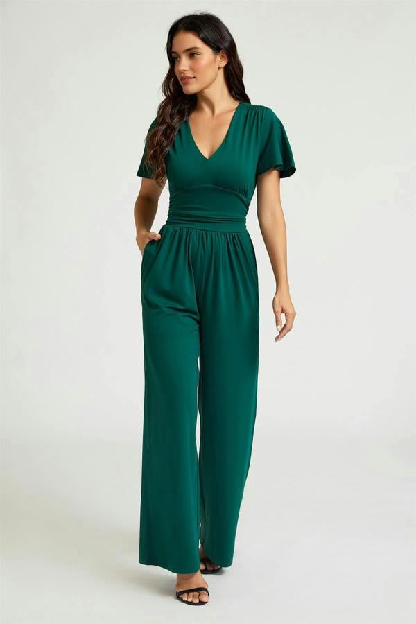 FS Collection Easy Peezy Design V-Neck Ruched Waist Jumpsuit In Green