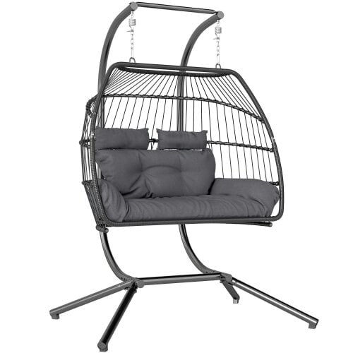 Bobobiy Rattan Double Hanging Egg Chair with Stand, Foldable Wicker Swing Egg Chair with Cushion, Steel Frame, Capacity 260 kg, Dark Grey