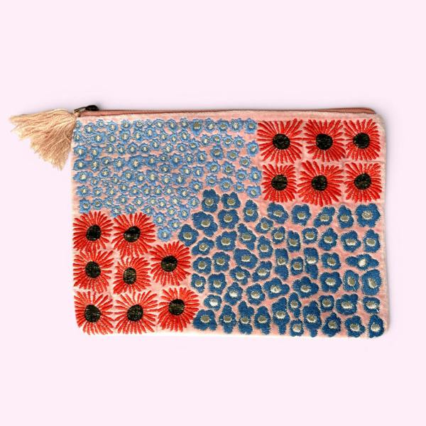 Hayley & Co Embroidered Velvet Make Up Bag | Everyday Pouch | Mini Flowers Pale Pink and Blue