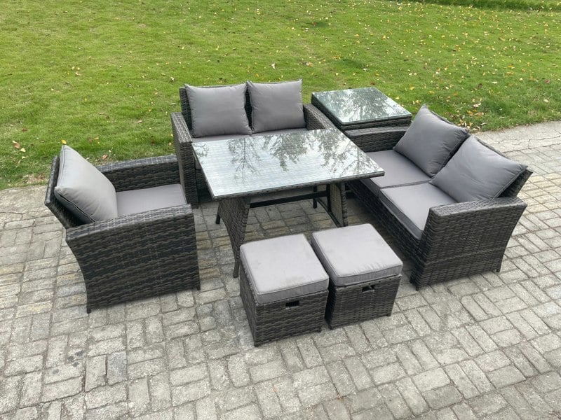 Fimous Outdoor Dining Set - Dark Grey Mixed PE Wicker Rattan Sofa with Rectangular Table, Loveseat & 2 Small Footstools