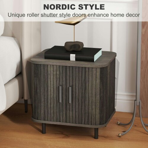 Wyld Haus Pasaba Grey Nordic Bedside Table With Tambour Sliding Door And Metal Legs
