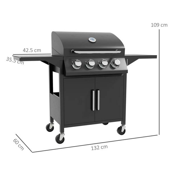 Black 4-burner gas BBQ grill trolley with thermometer on lid and four front control knobs