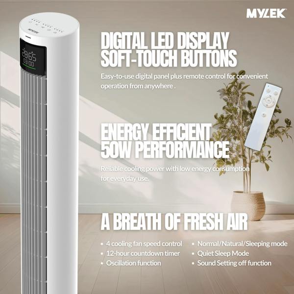 Mylek Tower Fan 39" - MYLEK - 2 Colours - Timer - 4 Speed Settings & 12 Hour Timer