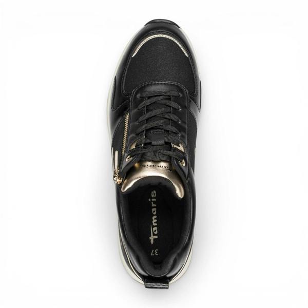 Tamaris Women’s Black Gold Platform Trainers Sneaker Zip Lace-Up Running Shoes