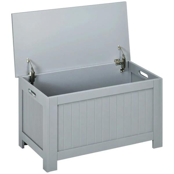 Grey toy chest storage box with flip-up lid and metal safety hinges
