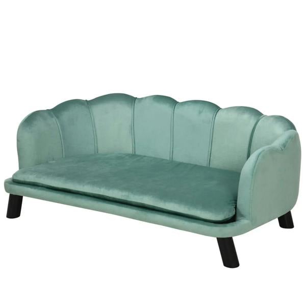Green velvet dog sofa bed with cushioned seat and rounded, tufted backrest