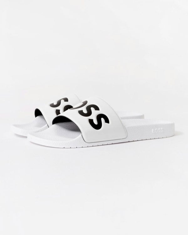 BOSS Orange Aryeh Mens Italian-Made Slides With Large Logo Detail - Natural 101