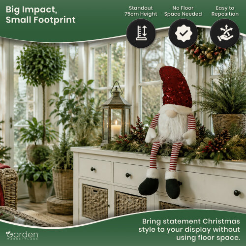 Large Red Glam Christmas Gonk Figure, 75cm Sitting Decoration with Sparkly Sequined Hat, Soft Polyester Indoor Ornament