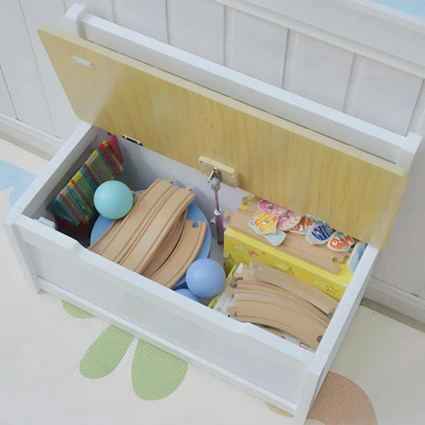 White toy box bench with open lid showing books and toys inside