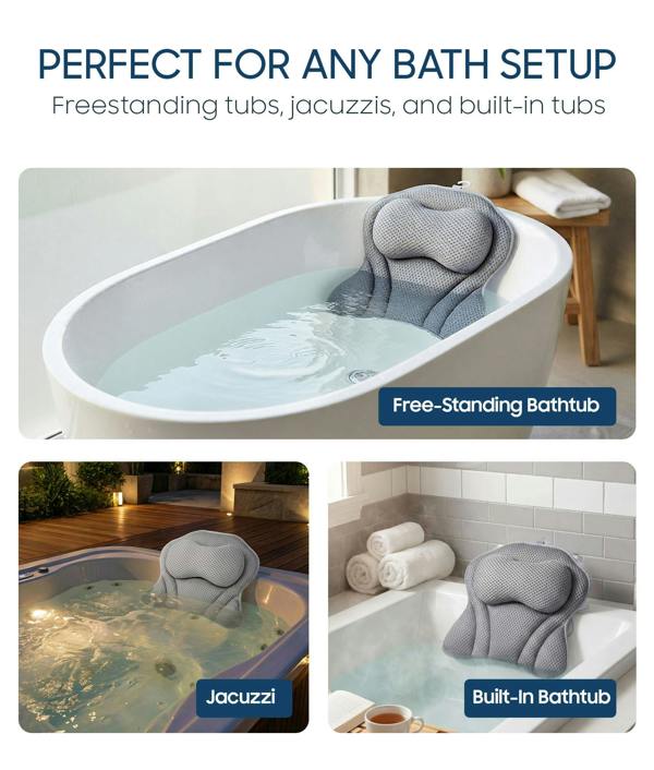 ADOV Bath Pillow, Ergonomic 4D Air Mesh Headrest Cushion with 6 Suction Cups for Head, Neck and Back Support