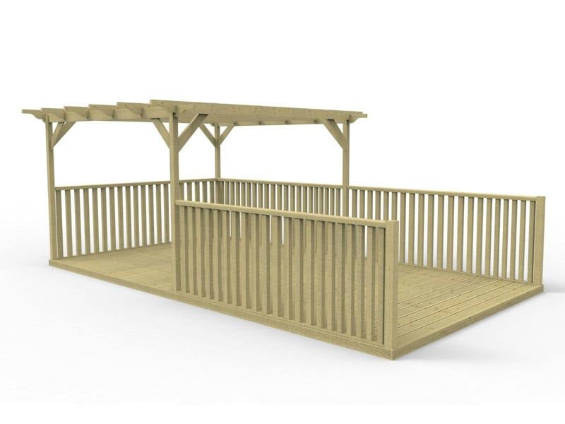 Rectangular pergola and decking kit with balustrade, made from pressure treated timber and high quality pergola posts, featuring a raised wooden deck, vertical slatted balustrade, and an open pergola roof frame.