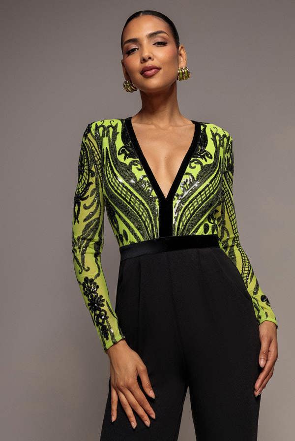 Deep V Neck Sequin Embroidered Jumpsuit - Lime TR123