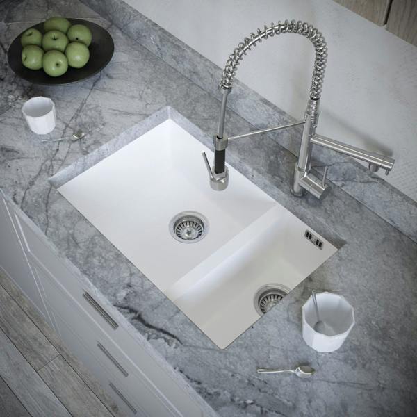Flode Vänern | 1.5 Bowl Comite Kitchen Sink | Inset or Undermounted | 670mm x 440mm x 200mm | Strainer Wastes Supplied | Matt White Finish