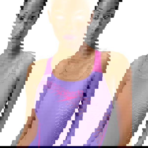 Purple Speedo Medley Logo Swimsuit with pink accents and lavender design