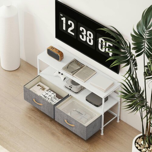 Wyld Haus Avavale 98cm White TV Storage Unit With 2 Fold Down Fabric Drawers