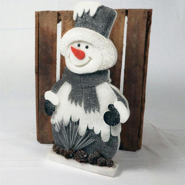 32 x 17 cm Grey Snowman Christmas Tabletop Decoration with Silver Glitter and Pine Cone Detail image 1