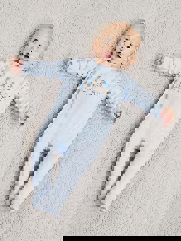 Mini Cuddles Baby Boys Elephant Embroidered Sleepsuit, Blue