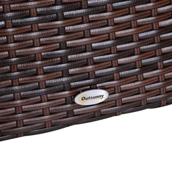 Close-up of brown rattan weave with small brand label on the table frame