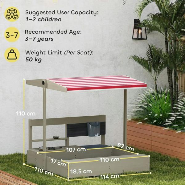 Kids wooden sandbox with canopy shown with size dimensions and age range graphic