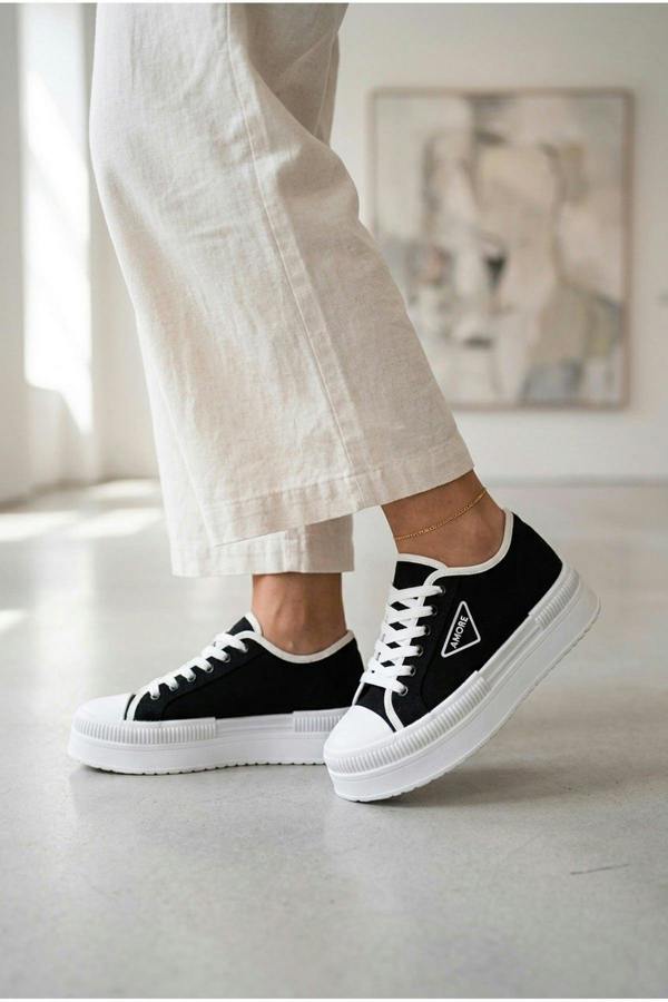 Constance Canvas Platform Lace Up Trainers - Black