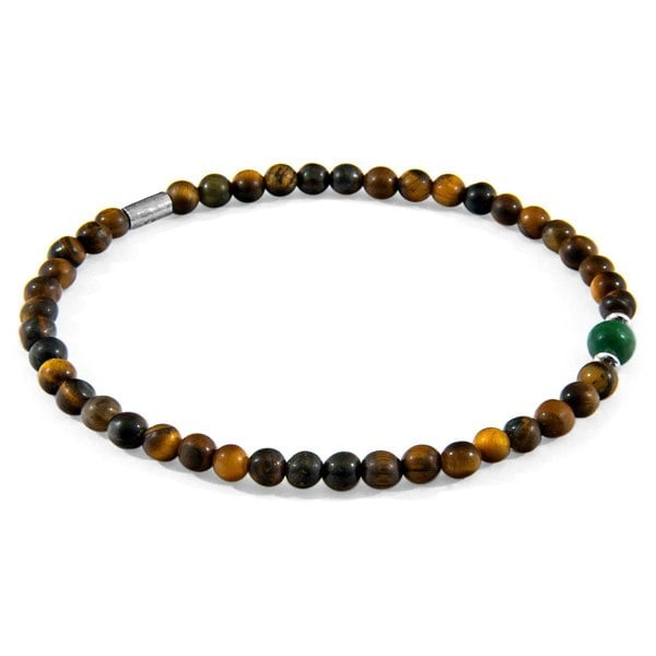 Anchor & Crew Brown Tigers Eye and Green Jade Walter Silver and Stone SKINNY Bracelet