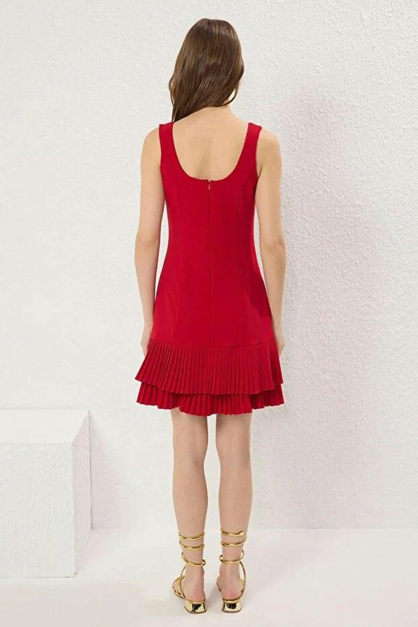 Square Neck Thick Strap Pleated Mini Dress