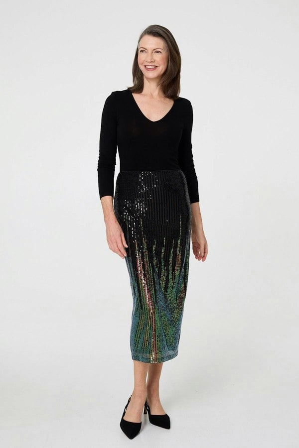 Black | Sequin Embellished Pencil Midi Skirt
