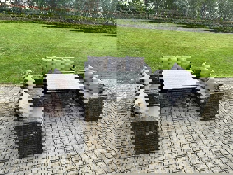 Fimous 7 Seater Lounge Rattan Sofa Set Outdoor Garden Furniture Oblong Rectangular Dining Table With Adjustable Chair Love Sofa Dark Grey Mixed