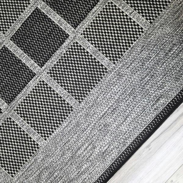 Non-Slip Grey Black Rug Geometric Border Design Flat Weave Kitchen Dining Room Living Room Area Mat