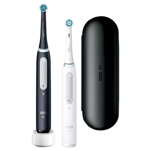 Oral-B iO 4 Dual Pack, Black & White Electric Toothbrushes, 2 Toothbrush Heads, 1 Travel Case