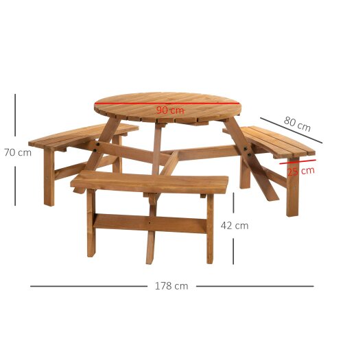 Wyld Haus Bare Wood Brown Red 6 Seater Round Picnic Table With 3 Benches And Parasol Hole