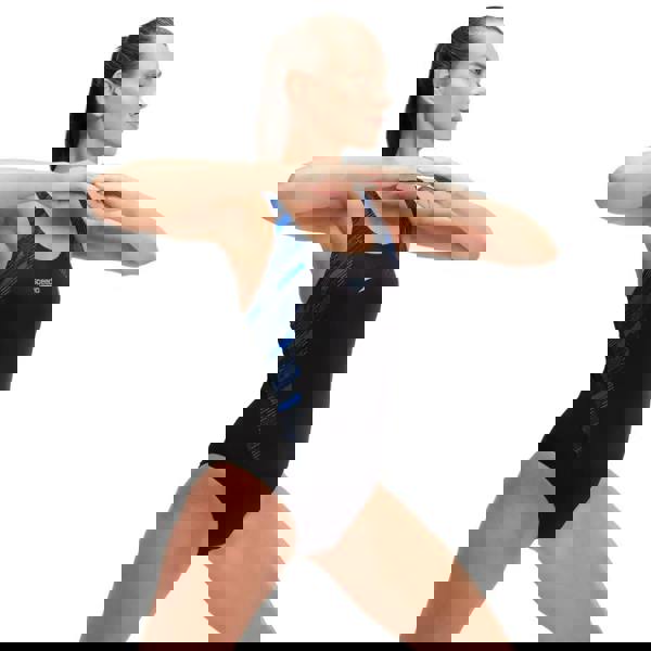 Speedo Hyperboom Splice muscleback swimsuit in black blue geometric pattern