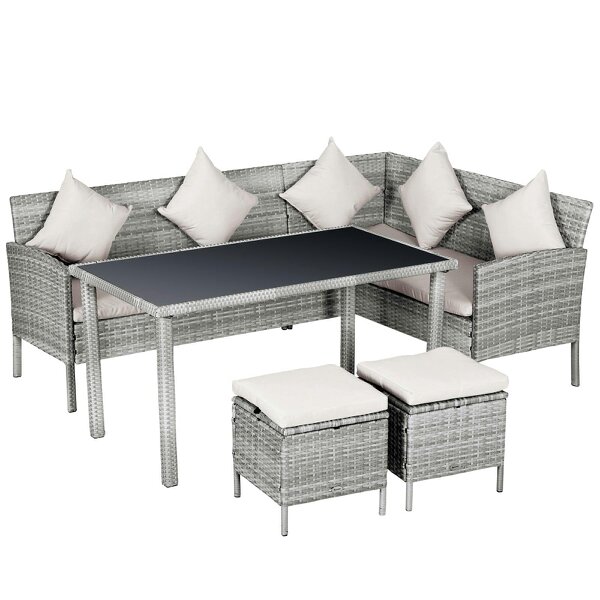 Wyld Haus Mora Rattan 7 Seater Outdoor Dining Set with Sofa 2 Footstools and Rectangular Table