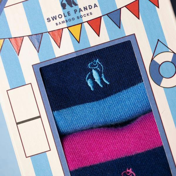 Swole PandaSocks 2 - pack2 - Pack Beach Hut Stripes Bamboo Socks Gift Box, Blue/PinkBoxers & Briefs
