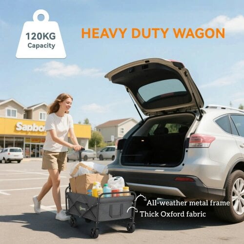Bobobiy 62L Festival Trolley on Wheels, 120kg Heavy Duty Collapsible Folding Wagon with Adjustable Handle and Carrying Bag for Beach, Grey