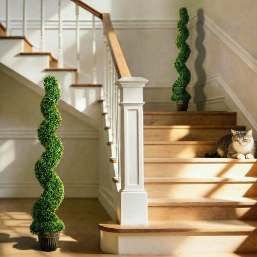 HOMCOM Set of 2 Potted Artificial Plants, Topiary Spiral Boxwood Trees - 26 x 26 x 150 cm - 2 - PE, Metal