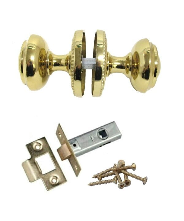 EDH Door Hardware Brass Plated Round Door Knob Set Including Tubular Latch - Georgian Style Sprung Internal & External Door Knobs